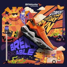 an orange sneaker is sitting on top of a blue and purple background with the words breathe able