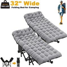 two folding bed for camping with wheels and footrests on each side, in grey