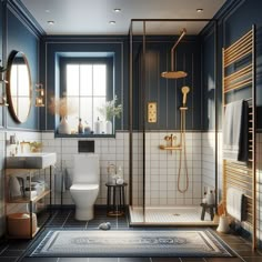 a bathroom with blue and white walls, black tile flooring and gold fixtures on the shower