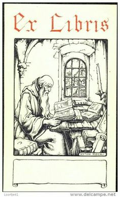 an old book with a drawing of a man sitting at a table