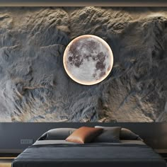 a bed sitting under a large moon on top of a mountain wallpapered in stone