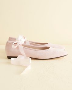 Pink Wedding Flats, Formal Suede Closed Toe Ballet Flats, Elegant Suede Ballet Flats With Leather Sole, Elegant Suede Ballet Flats With Round Toe, Chic Suede Ballet Flats With Leather Sole, Comfy Ballet Flats, Pink Ballet Flats, Ribbon Flats, Ribbon Shoes