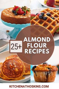 different types of food with the words almond flour recipes on top and below it, including waffles