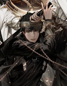 an anime character with chains around his neck and hands on his head holding a clock