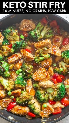 chicken and broccoli stir fry in a skillet with sesame seeds on the side