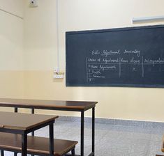 an empty classroom with two desks and a chalkboard on the wall behind it