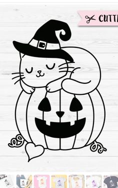 a black and white drawing of a cat in a pumpkin with a hat on it's head