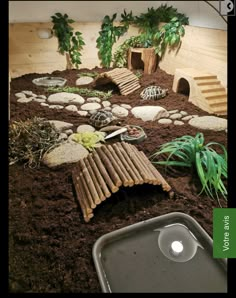 there is a small garden made out of rocks and wood with plants in the background