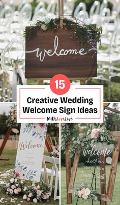 wedding welcome signs with flowers and greenery on them for the guests to sit down