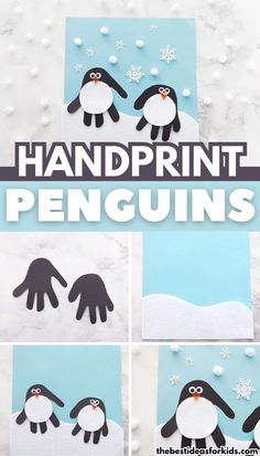 Handprint Penguins - a cute Winter craft for kids! Penguins Art For Kids, Artic Crafts Toddlers, Hand Print Winter Crafts For Kids, Penguin Prek Craft, Penguin Toddler Art, Toddler Craft Ideas Winter, January Handprint Calendar, Easy Winter Crafts For Kindergarten, Simple Penguin Craft