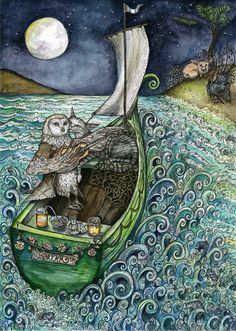 an owl sitting in a boat on top of the ocean under a moonlit sky