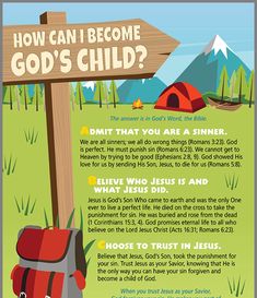 a sign that says how can i become god's child? with a backpack and tent in the background