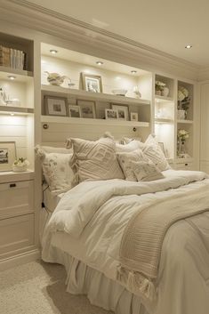 a large white bed sitting in a bedroom next to a book shelf filled with books