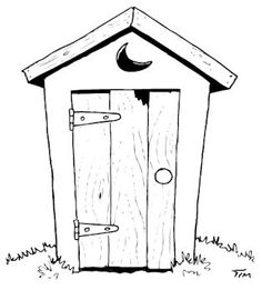 a wooden outhouse with a door and a moon on the roof is outlined in black and white