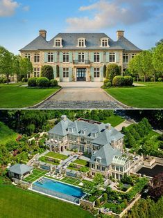 this is an aerial view of a large mansion with pool in the front and on the back