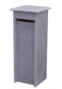 a grey trash can sitting on top of a white floor