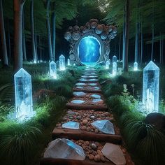 a path made out of rocks and stones leading to a portal in the middle of a forest