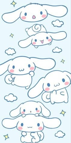 four cartoon rabbits with stars and clouds in the sky