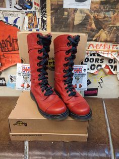 This pair of 14 hoke Dr Martens boots were from an extremely popular range which are no longer in production. They are the Triumph 1914 women's 14 hole boot. They are finished in a beautiful Red leather  They have a stitched toe cap and a buckle at the back as you can fold the boot down to show off the floral lining  They are a UK size 5, European 38, ladies USA 7 Vintage Red Winter Boots, White Panther, Dr Martens White, Fashion Bible, Martens Boots, Funky Shoes, Funky Outfits, Dr Martens Boots, Red Square