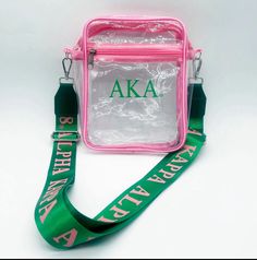 This is a AKA clear bag along with a purse strap that is removable and adjustable. The AKA strap can be used on different purses of your choice. This clear purse would make a great gift. Aka Outfits, Alpha Kappa Alpha Jackets, Alpha Kappa Alpha Christmas, Aka Gifts, Adjustable Purse Strap, Aka Paraphernalia, Aka Sorority Gifts, Clear Stadium Bag, Aka Sorority