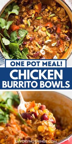 one pot meal chicken burrito bowls is an easy and delicious dinner that's ready in under 30 minutes