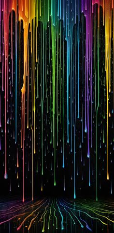 rainbow paint dripping down the side of a black wall in front of a dark background