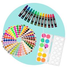 an assortment of art supplies including paint, markers and pencils on a blue background