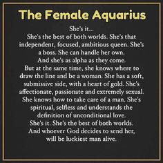 the female aquarius poem written in gold and black on a black background with an orange border