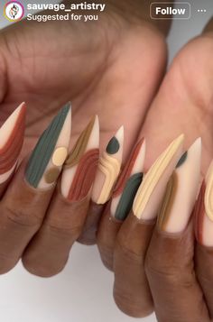 Matte Texture Nails, Grown Woman Nail Designs, Earth Tone Nails Colors, Thanksgiving Stiletto Nails, Autumn Nails Stiletto, Fall Winter Nails Design, Funky Nails Fall, Fall Nails With Green, Fall Stilleto Nail Ideas