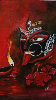 an oil painting on canvas depicting the face of hindu god, with fire coming from his mouth