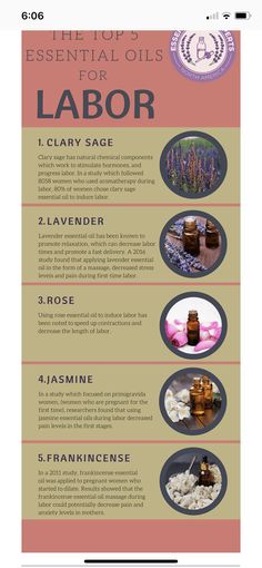 the top 5 essential oils for labor info sheet with images and text on it, including lavender