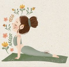 a drawing of a woman doing yoga in front of flowers