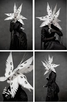 black and white photograph of woman with wings on her head, in four different poses