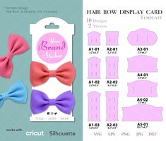 the hair bow display card is shown in pink, blue and purple with instructions to make it