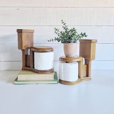 three toilet paper dispensers are stacked on top of each other with a plant in the middle