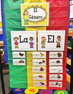 a display with spanish words and pictures on it