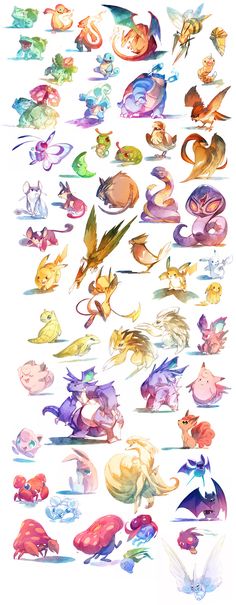 an image of many different types of pokemons in the same drawing style, each with different