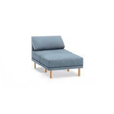 a small blue chaise lounge chair with wooden legs and armrests on an isolated white background