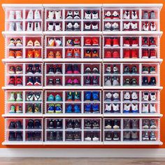 a large display case filled with lots of shoes