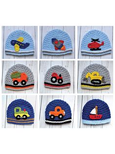 the boys'applique set includes many different crocheted hats and caps