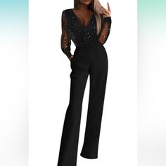 Brand New Never Worn Just Does Not Have Tags Glitter Jumpsuit, Evening Trousers, Elegant Rompers, Sequin Rompers, V Neck Prom Dresses, Black Playsuit, Wedding Jumpsuit, Jumpsuit Elegant, Women Formals