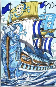 a drawing of a pirate ship in the ocean with blue and white sails, flying through the air