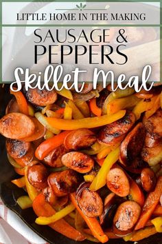 sausage and peppers in a skillet with the words how to make sausage and peppers