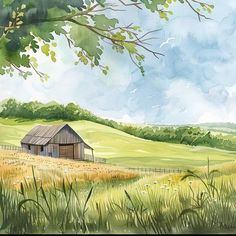 a painting of a barn in the middle of a field