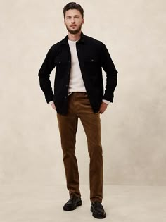 Slim Travel Corduroy Pant | Banana Republic Factory Hipster Mens Fashion Vintage, Brown Chinos Men Outfits, Businesses Casual, Brown Jeans Men, Brown Jeans Outfit, Jay Fashion, Casual Dress Attire, Chinos Men Outfit, Outfit Inspiration For Men