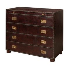 a brown chest of drawers with brass handles