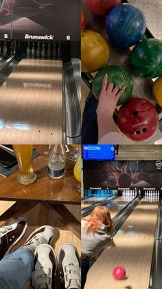 a collage of photos with bowling balls and people in the lanes, one is reaching for a ball