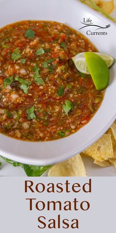 roasted tomato salsa in a white bowl with tortilla chips