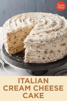 a cake that has been cut into pieces with the words italian cream cheesecake on it