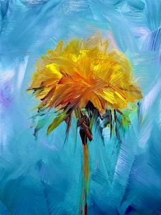 a painting of a yellow flower on a blue background